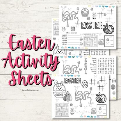 Easter Activity Sheets laying on white wood background with text overlay