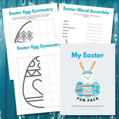 Easter Fun Pack sample pages on blue background